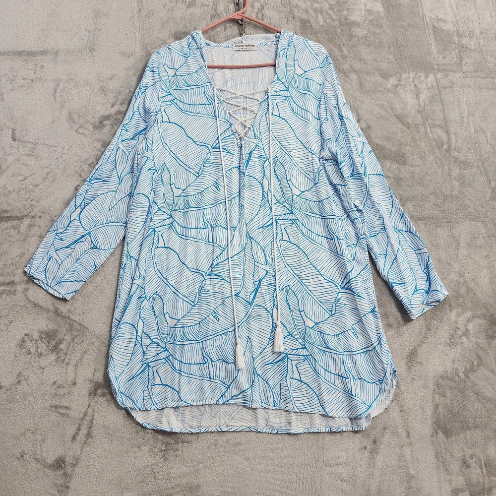 Charlie Holiday Swim Cover Up Womens XL‎ Blue Tropical Leaf Lace Up Hooded Beach